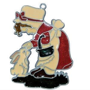Vntg Handmade Stained Glass Girl With Her Bunny Red Dress Suncatcher Ornament